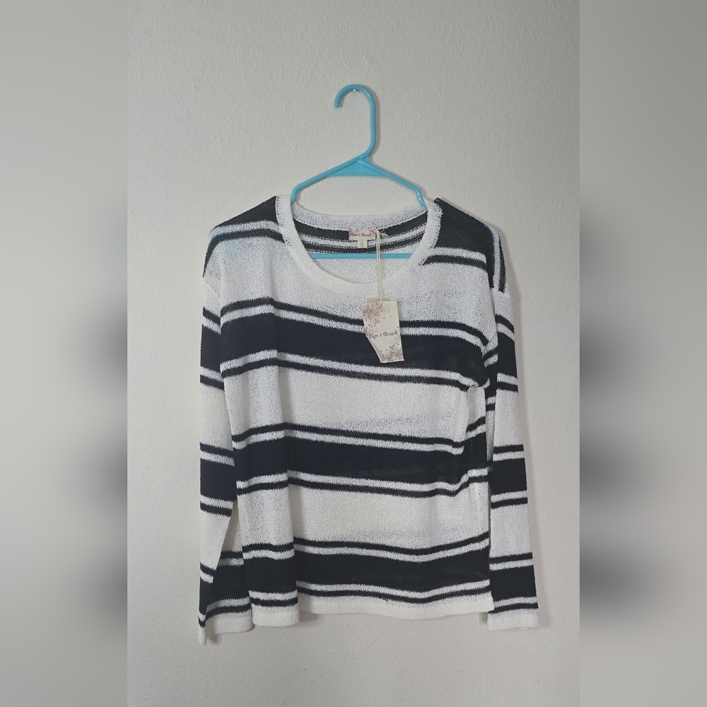 Hem & Thread Striped Coastal Knit Sweater Black White Long Sleeve New Small